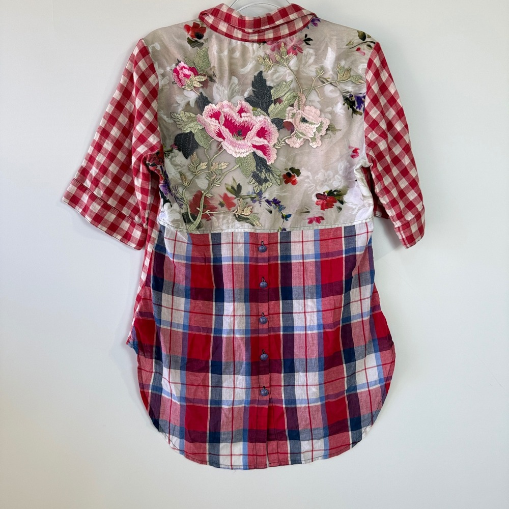 Aratta Silent Journey Button Down Women M Red Gingham Floral Embroidered Back - Picture 3 of 16